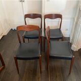 Set of 4 vintage designer chairs in teak and black skai 60's