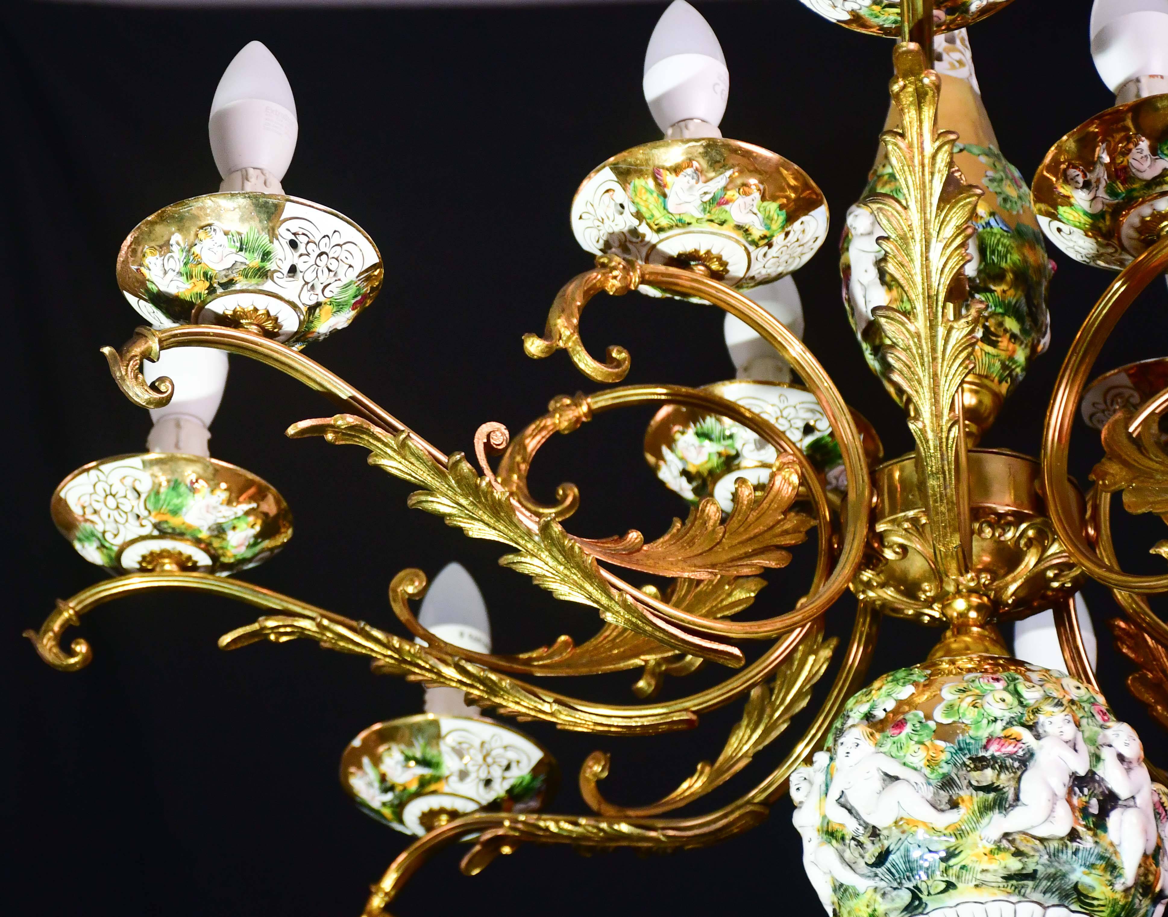 Manila, large size 12 light Italian vintage ceramic chandelier, 1960