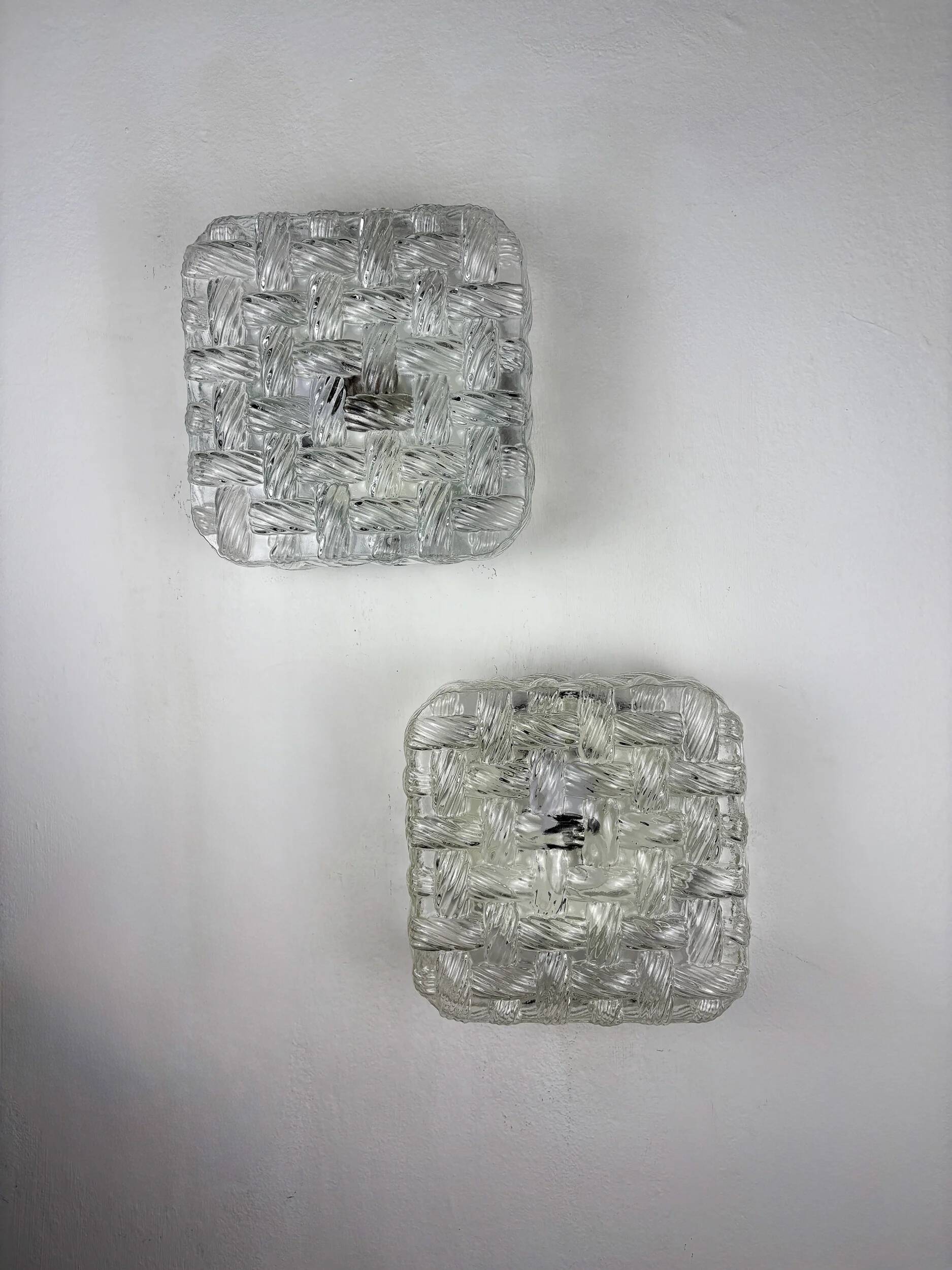 Pair of woven textured glass wall lights by Leuchten, Germany, 1970s