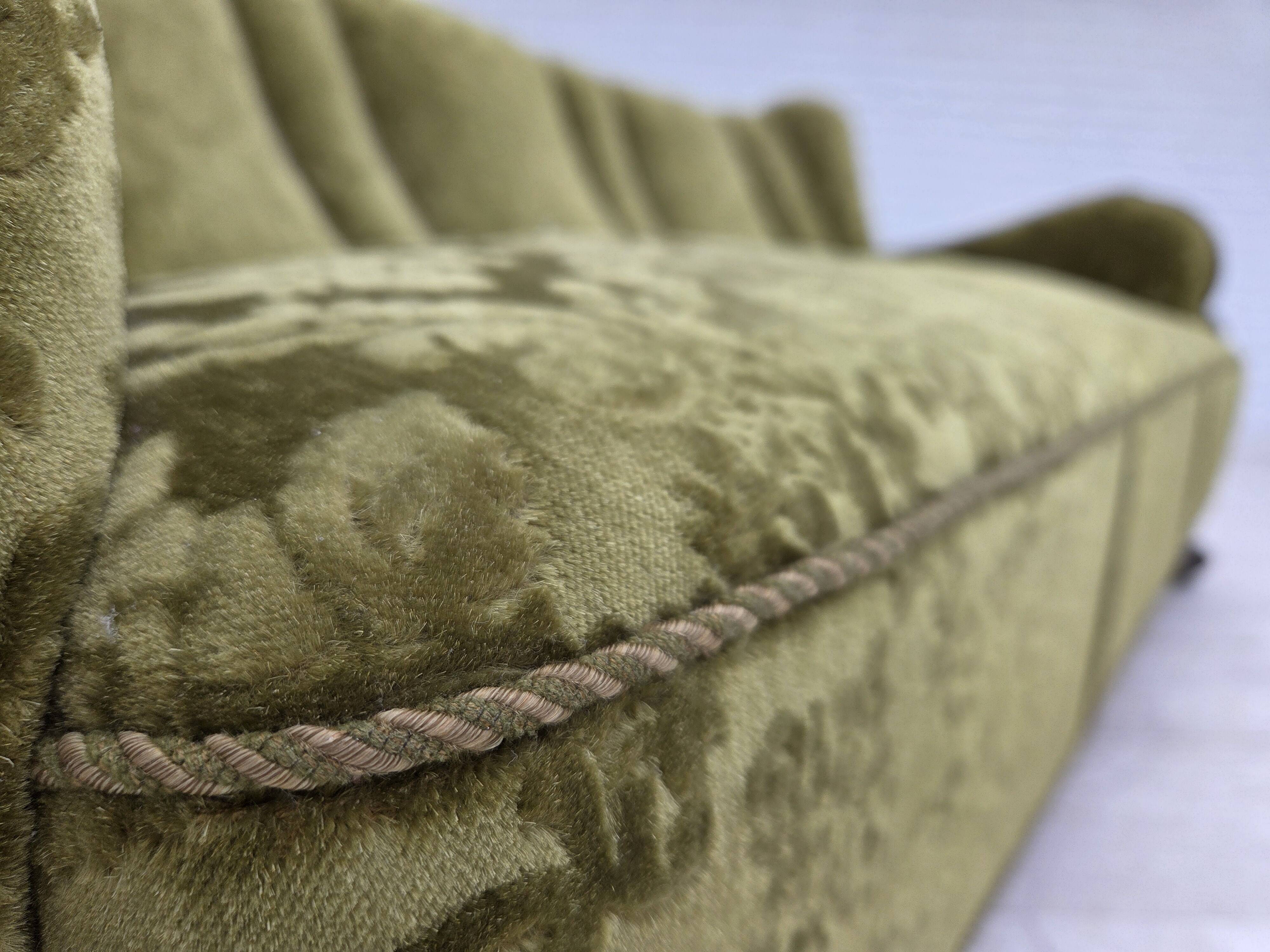 1960s, Danish 3-seater sofa, furniture velour, carved oak wood.