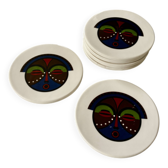 Lot of 6 ethnic ceramic coasters with tribal masks.
