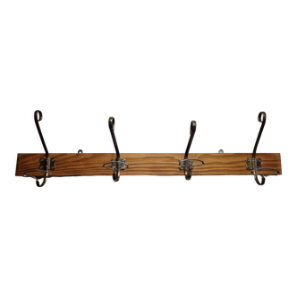 Wall coat rack "bistrot" in metal and wood 1900, 4 hooks