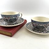 Antique GIEN duo of cups and saucers, Cashmere Bothee decor – French earthenware