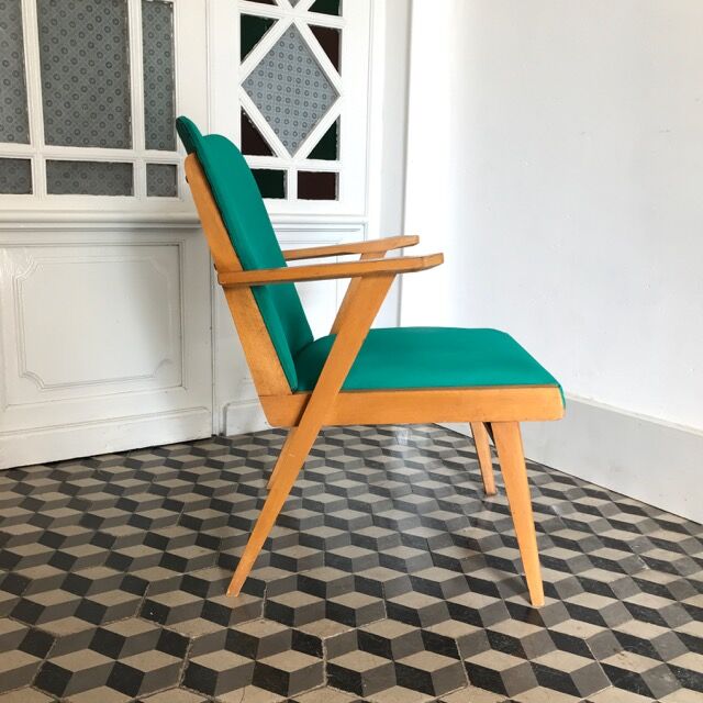 Fauteuil vintage bois et skaï vert