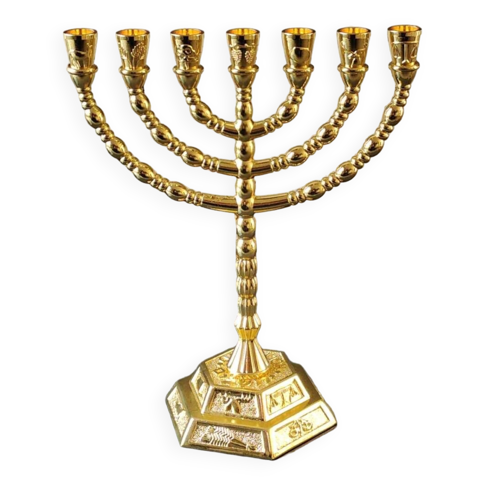 Menorah/Jewish/Hebrew candlestick with 7 arms of light. Engraved with the symbols of the 12 tribes of Israel/Holyland inscription. In gold metal. Size 20 x 16 cm