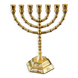 Menorah/Jewish/Hebrew candlestick with 7 arms of light. Engraved with the symbols of the 12 tribes of Israel/Holyland inscription. In gold metal. Size 20 x 16 cm