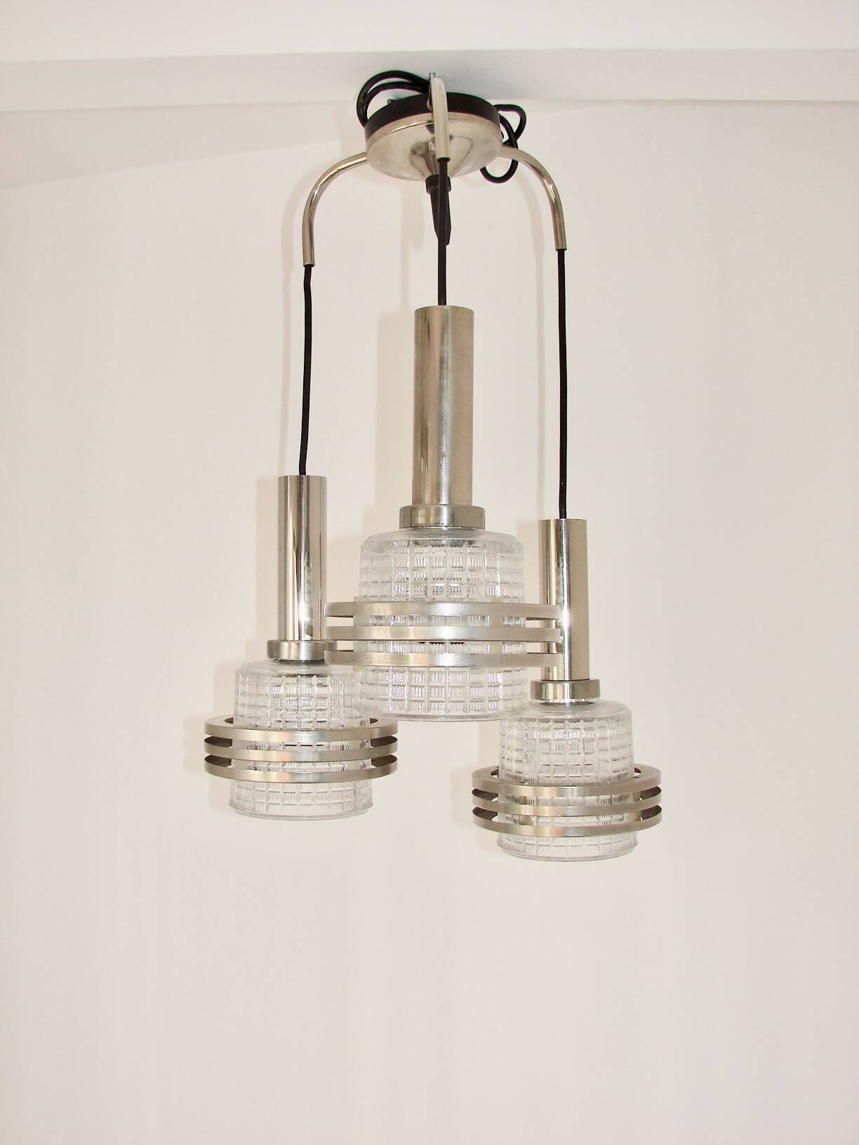 Modern pendant lamp, 1970s, metal and glass, 3xE27