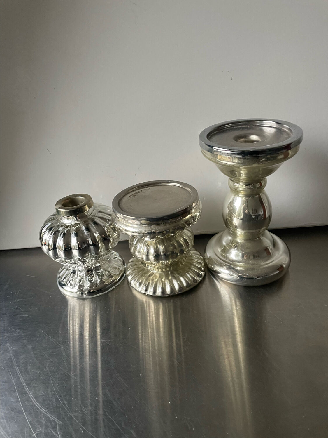 Set of 3 vintage mercury glass candleholders
