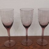 3 purple crystal flutes with finely engraved patterns from the 70s