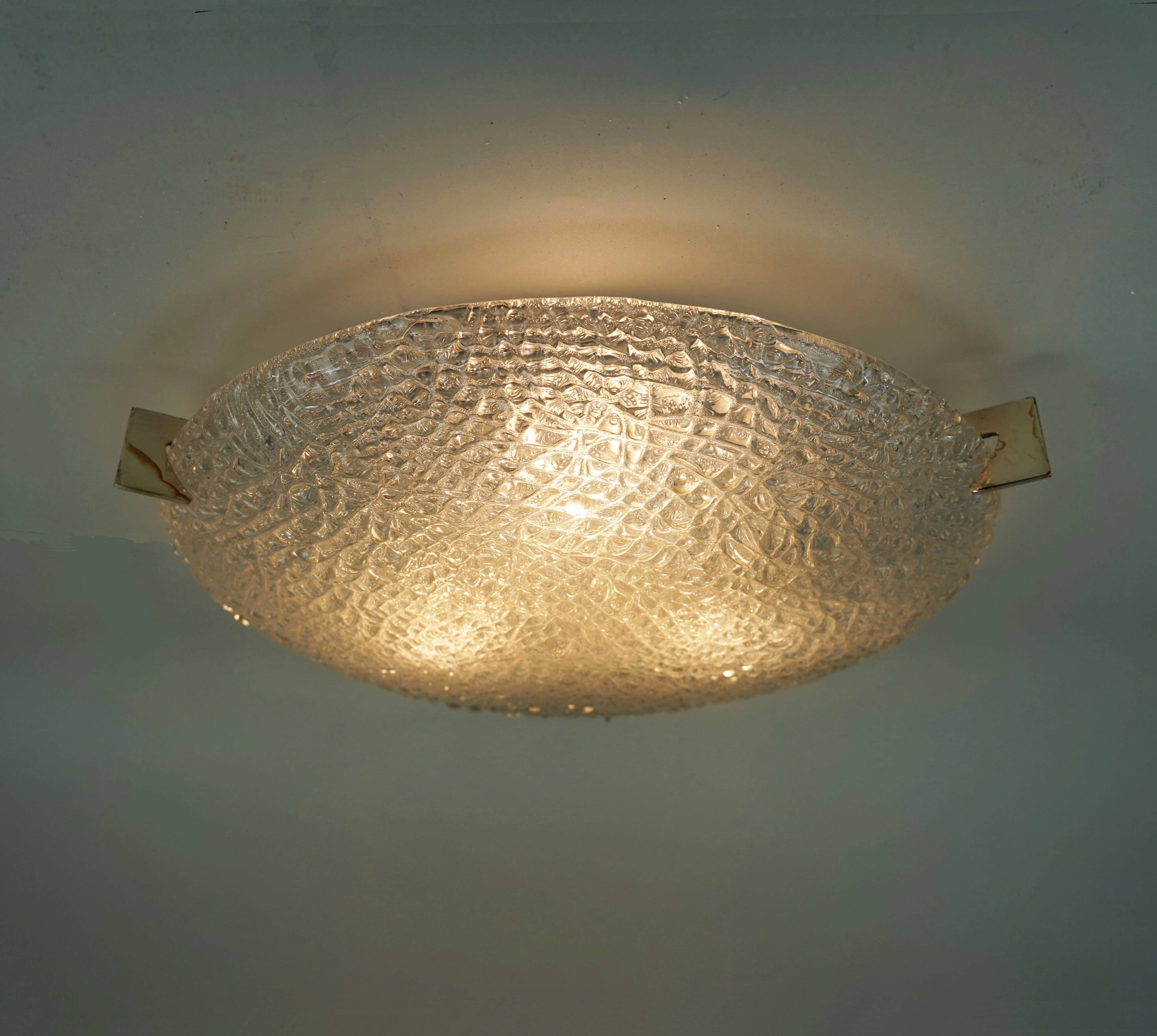 vintage kaiser ice glass ceiling LAMP flush mount 60/70's relief surface