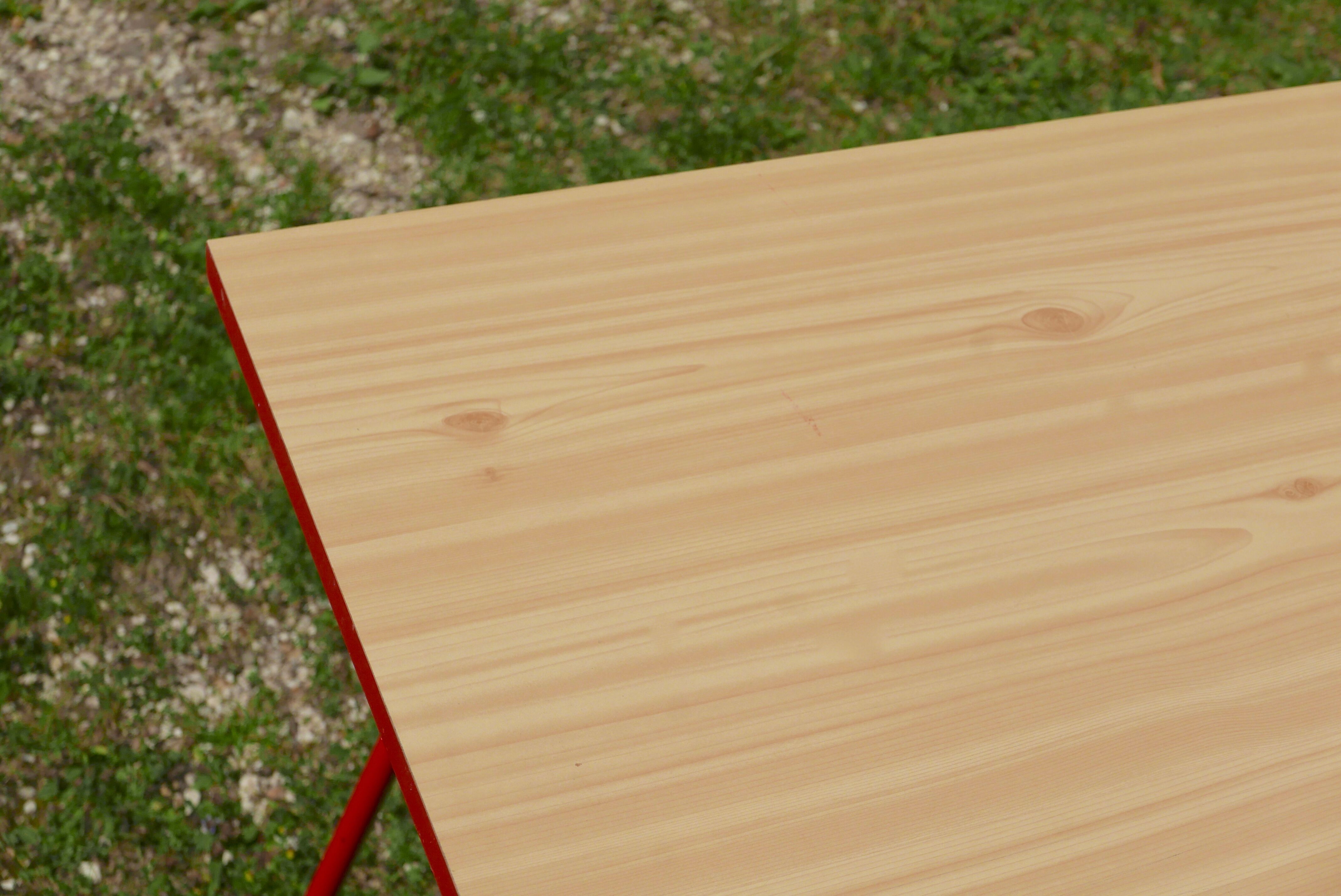 Desk with red trestles, white plaid tray, 80s