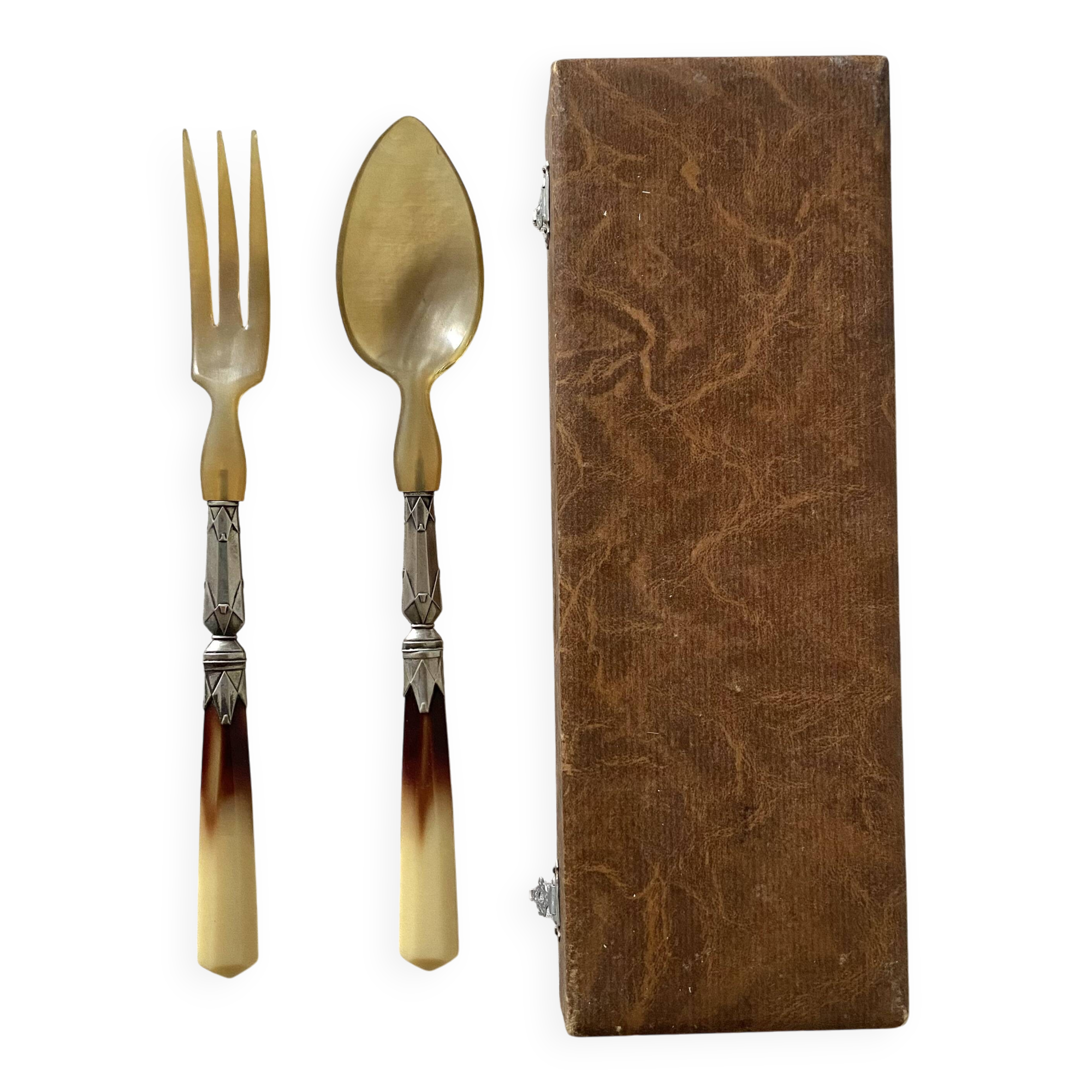 Antique silver plated and horn salad servers