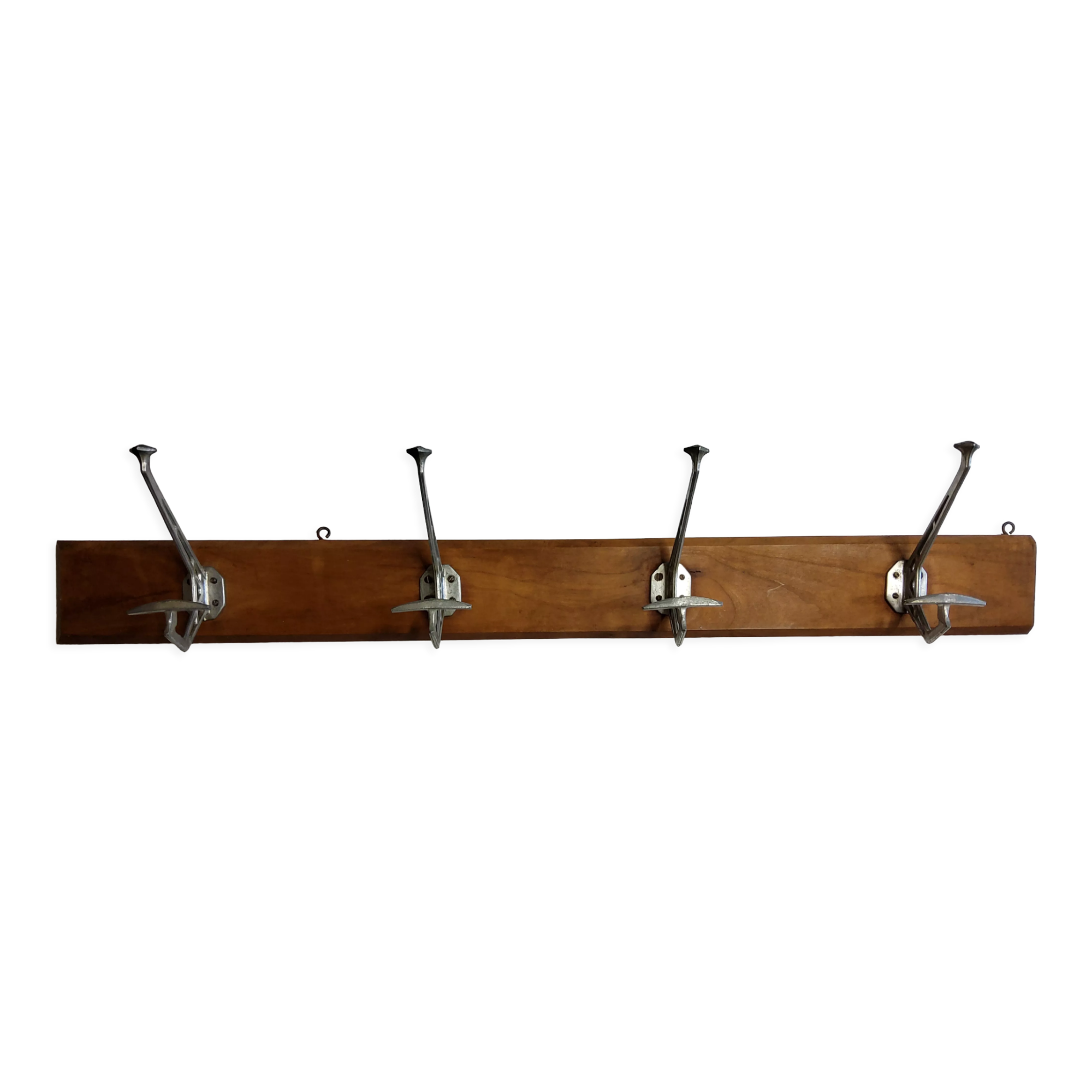 Portemanteau mural art déco en fonte d'aluminium et bois, 4 patères, 96 cm