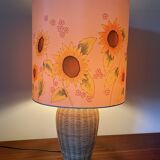 Large sunflower lamp signed silk and rattan 1970