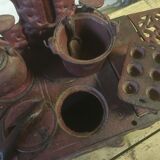 Stove, miniature cast iron stove + utensils