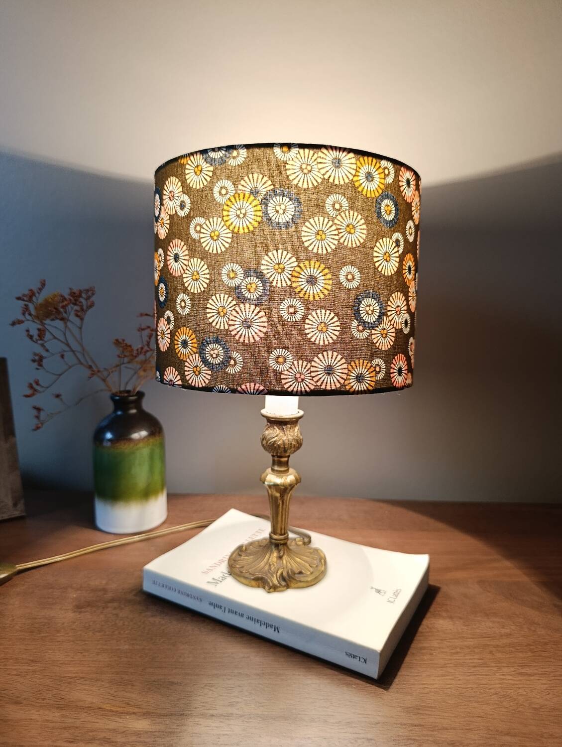 brass table lamp | khaki lampshade with multicoloured daisies
