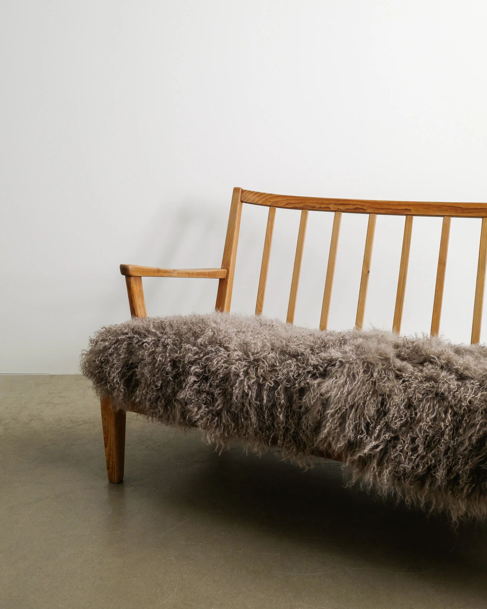 Early Swedish Modern Wooden Pine Sheepskin Sofa by Carl Malmsten, 1940s