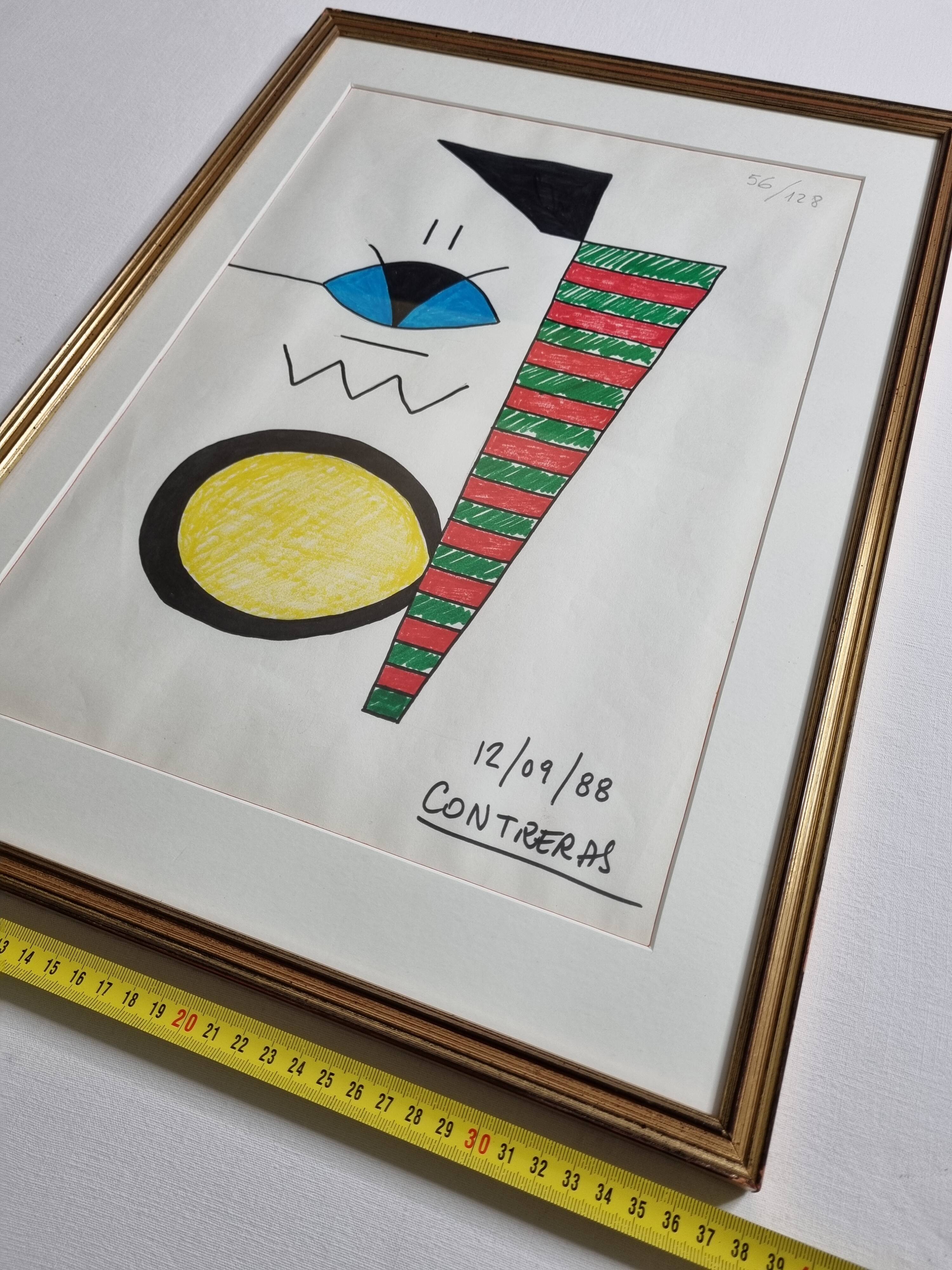 Abstract composition, original drawing signed Contreras, 1980s, 32 x 42 cm framed under glass