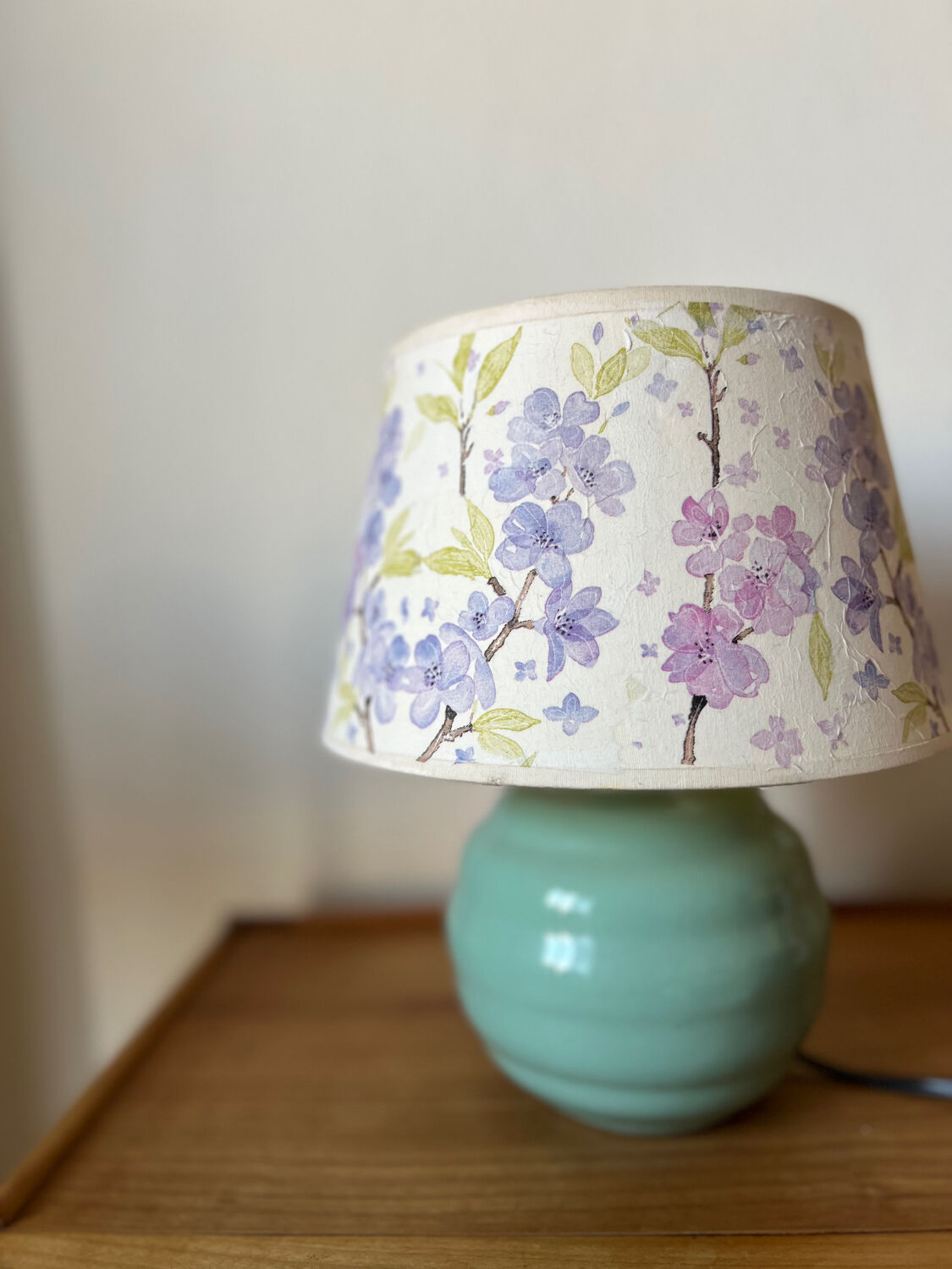 Vintage teal table lamp with floral lampshade