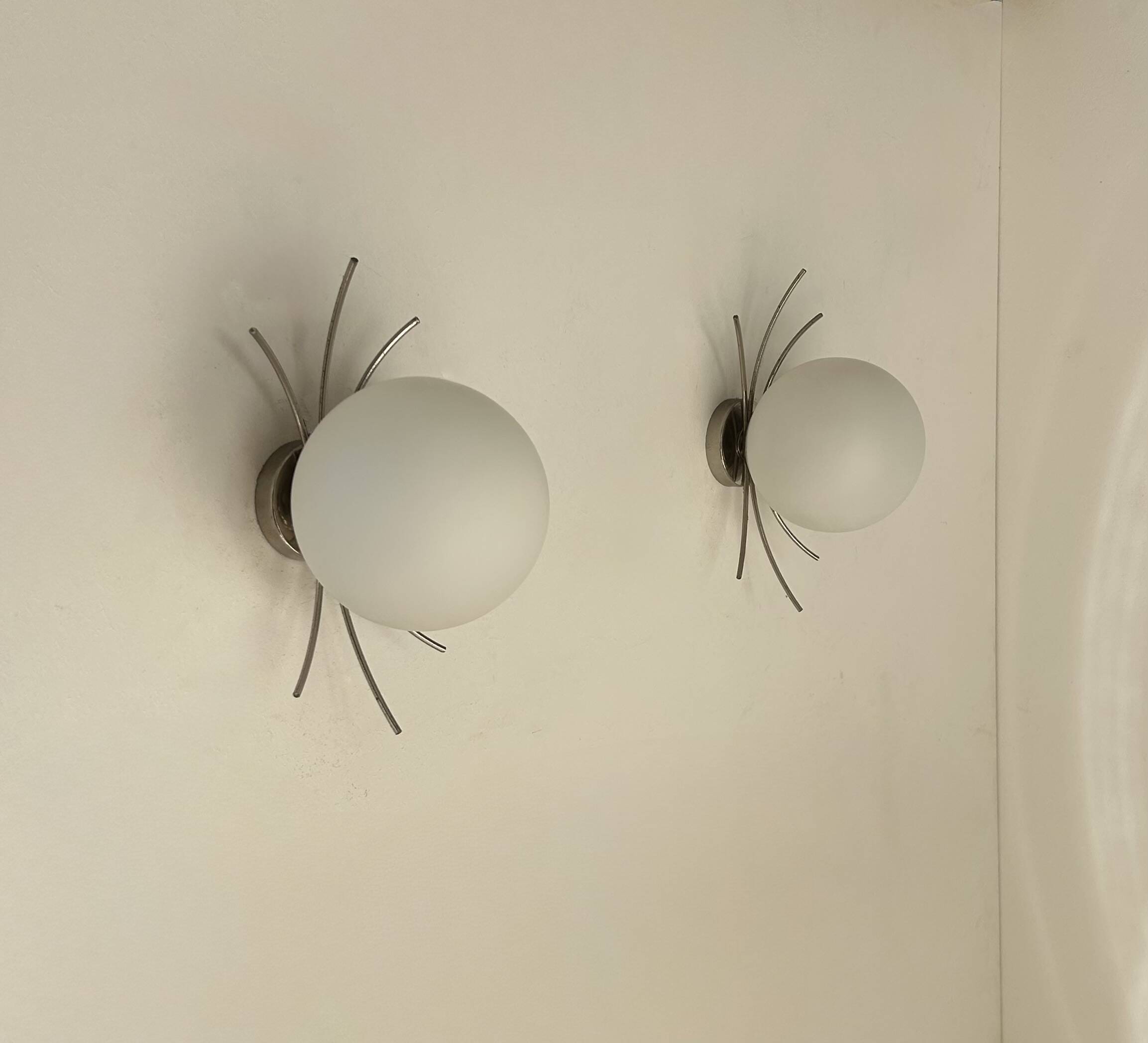 Pair of vintage wall lights, chrome and opaline, France, 1970