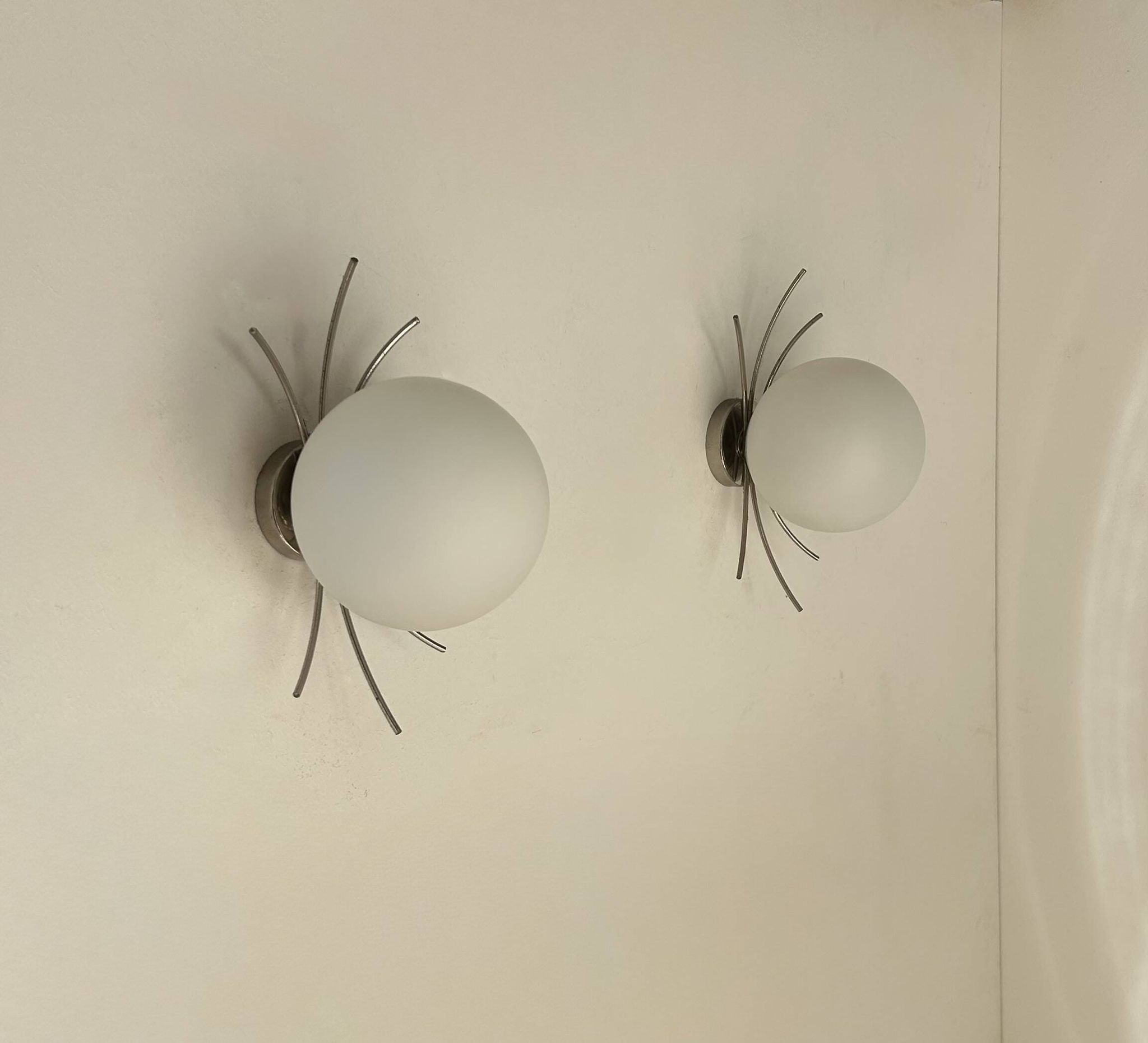 Pair of vintage wall lights, chrome and opaline, France, 1970