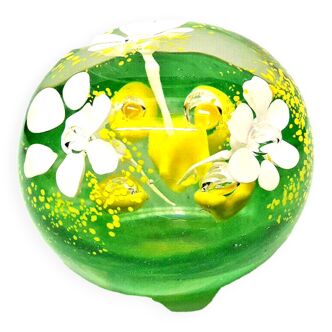 Old Big Sulfide Paper Press White Yellow Flower on Green Background Murano