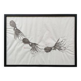 Original framed print of a school of octopus