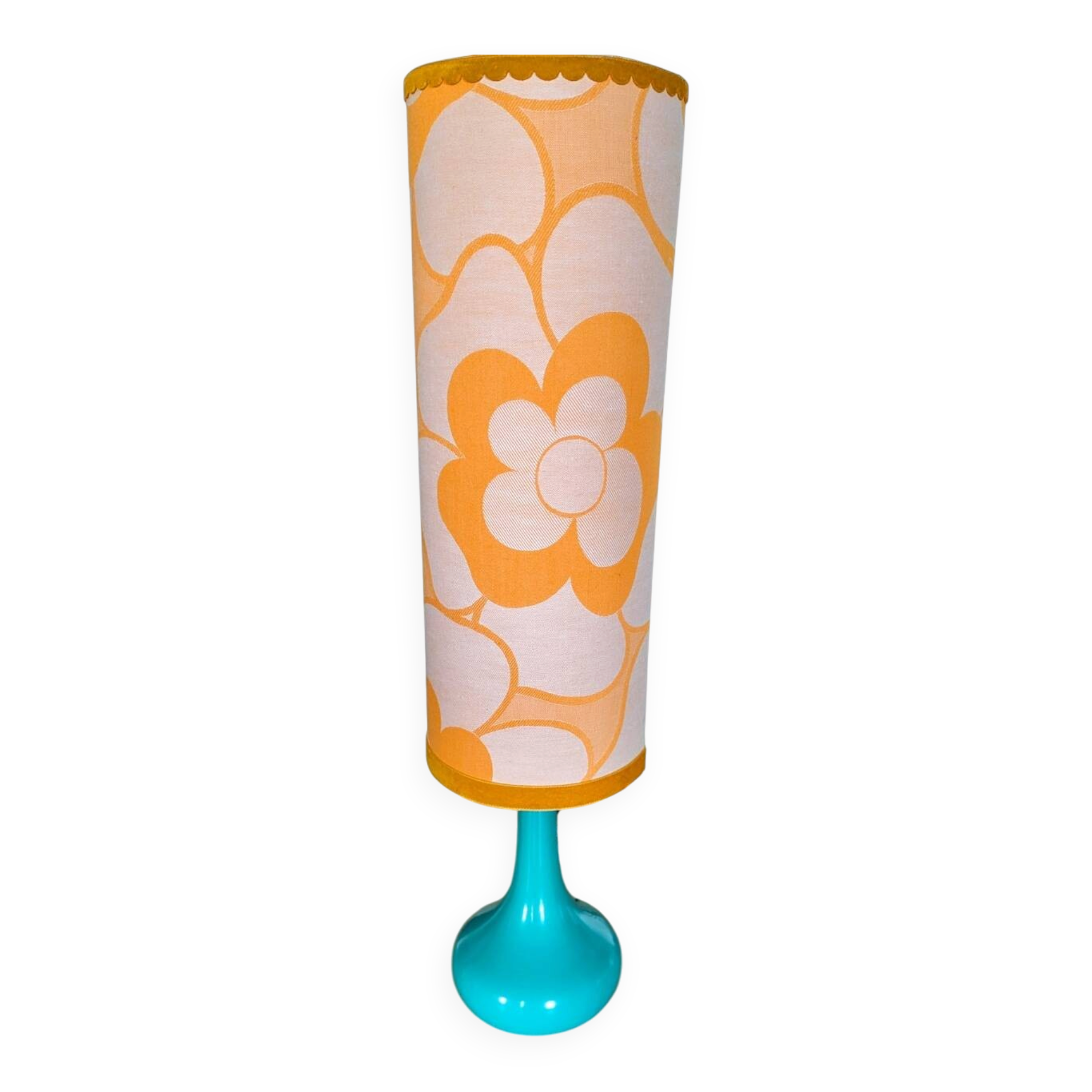 Lampe vintage 70s upcyclée, pied turquoise et abat-jour floral orange