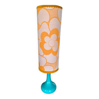 Lampe vintage 70s upcyclée, pied turquoise et abat-jour floral orange