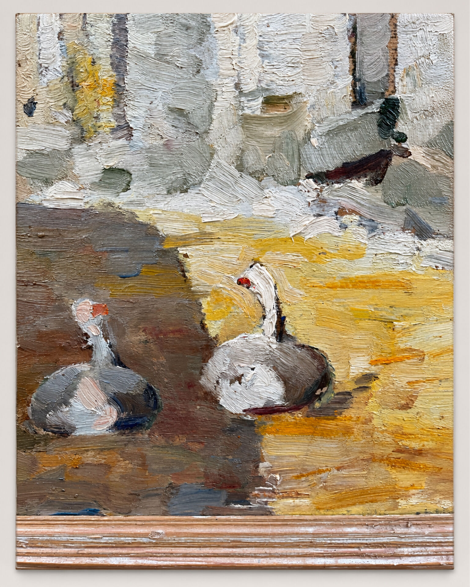 Oil on double-sided panel with geese, signed Robert, dated 1930.