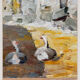 Oil on double-sided panel with geese, signed Robert, dated 1930.