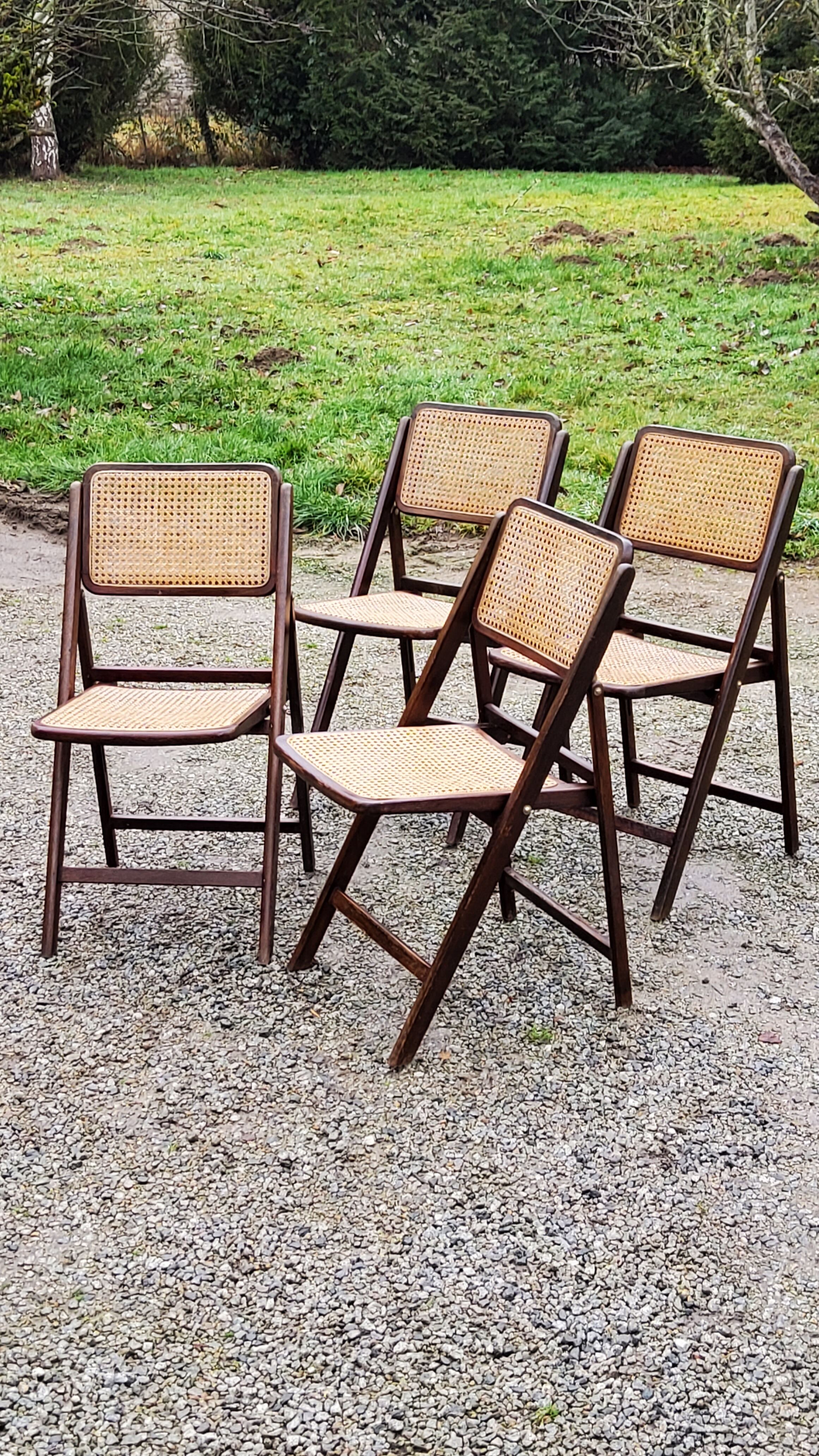 Set of 4 folding chairs wood and canning of the 70s