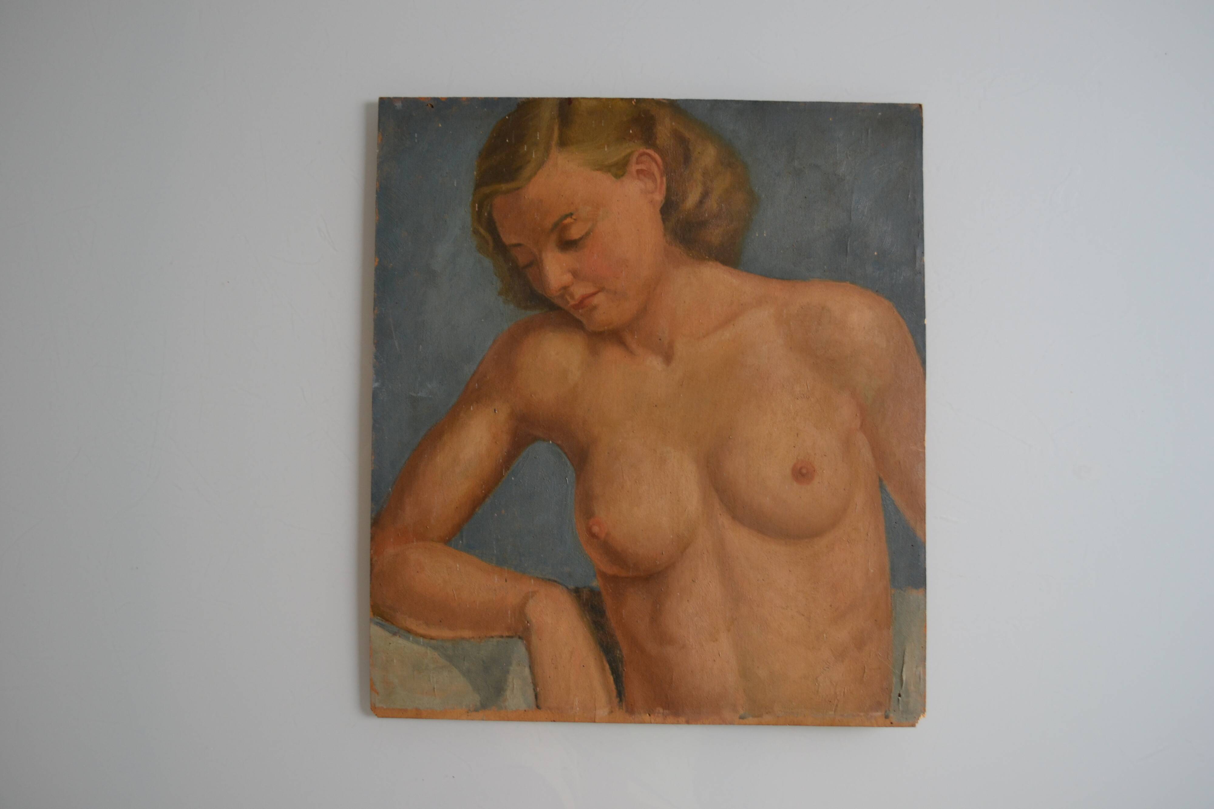 Old painting portrait nude woman oil on panel