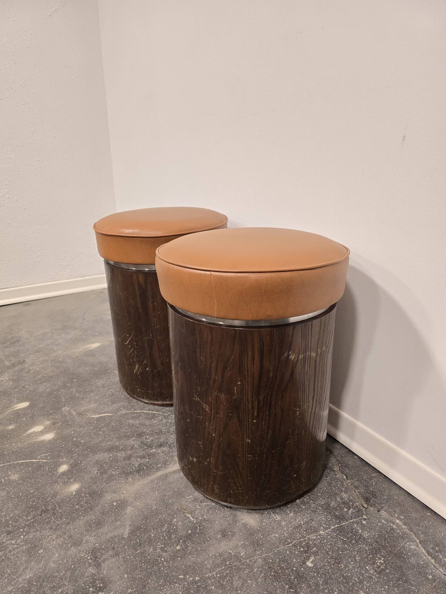 1970s Vintage Wooden Stool – Faux Leather Cushion & Aluminium Trim