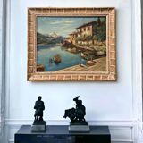 Old oil painting on canvas Gandria Switzerland Italy