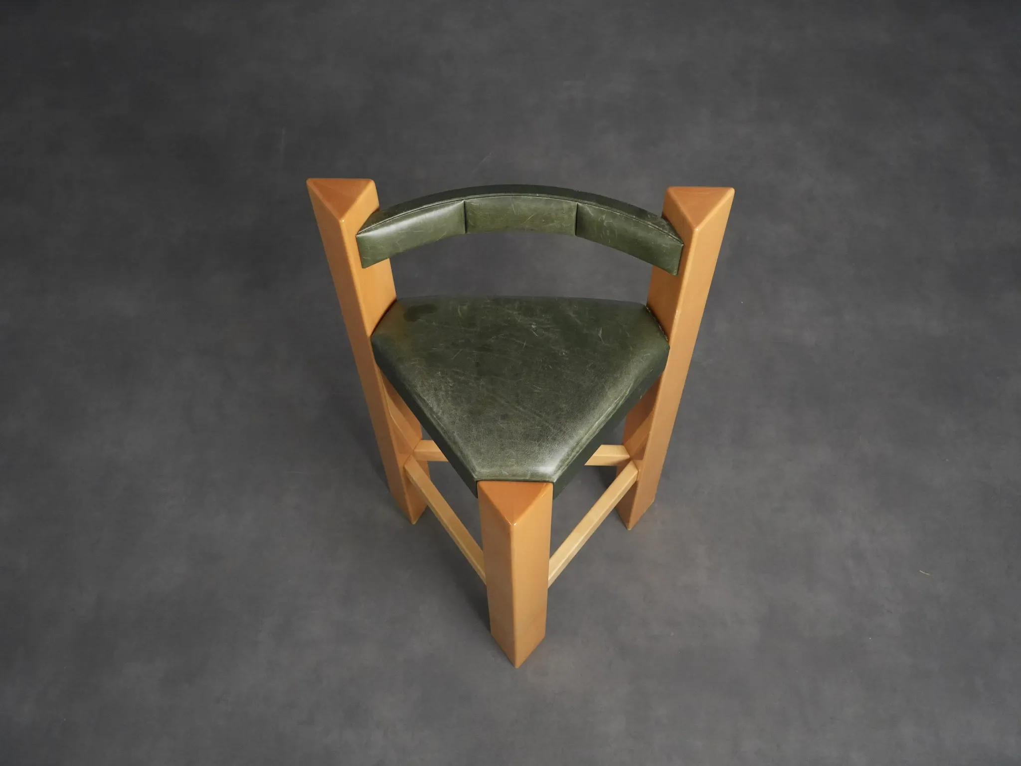 Set of 3 architectural wood and leather bar stools, Netherlands, 1990s