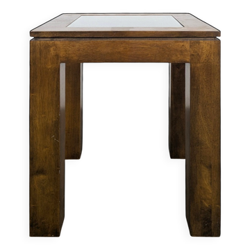 Square side table in exotic wood with a glass top.