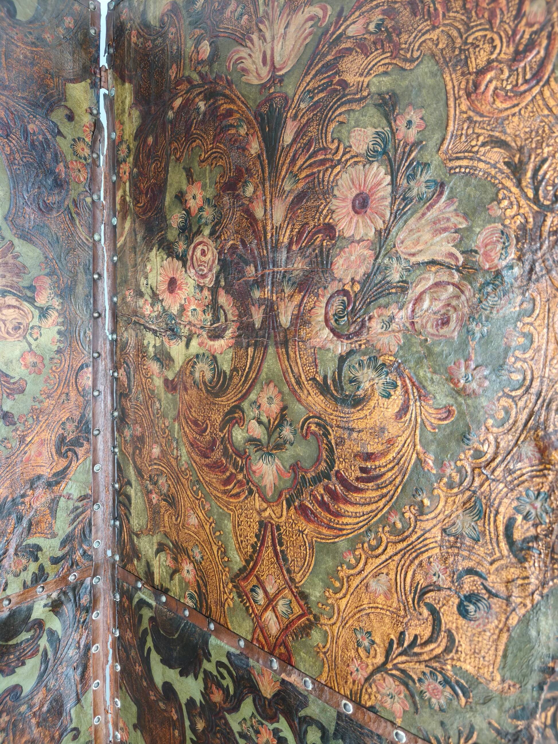 Late 18th-century Belgian embossed leather folding screen – after Daniel Marot