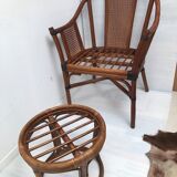 Rattan armchair with its footrest 70s