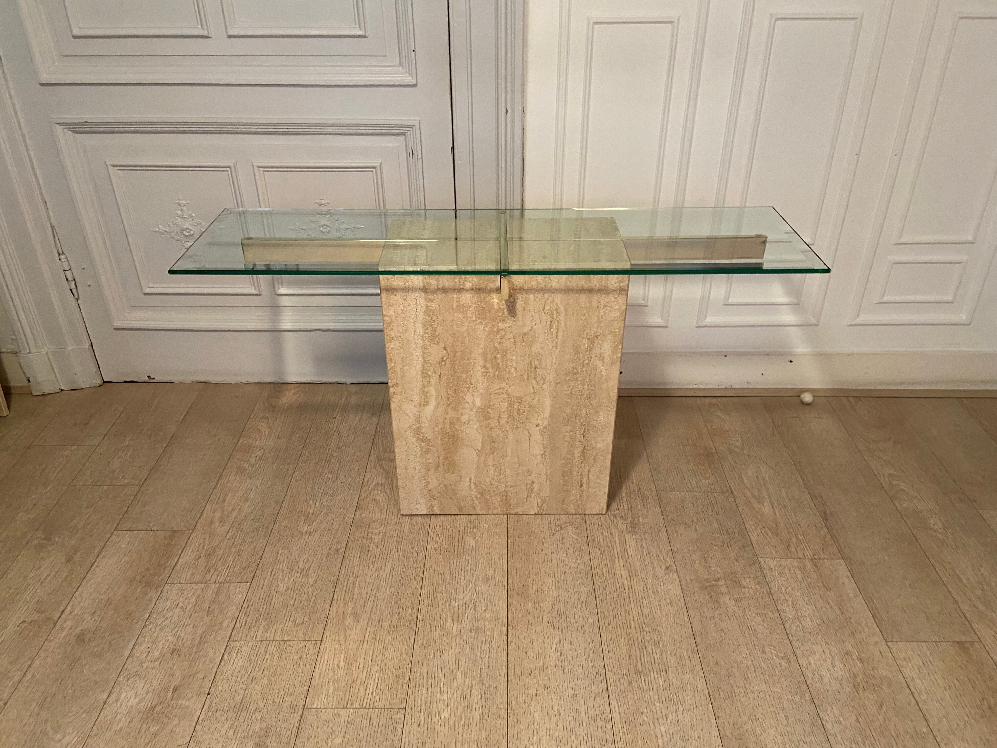 Travertine console and gold metal cross, Italy, 1970s