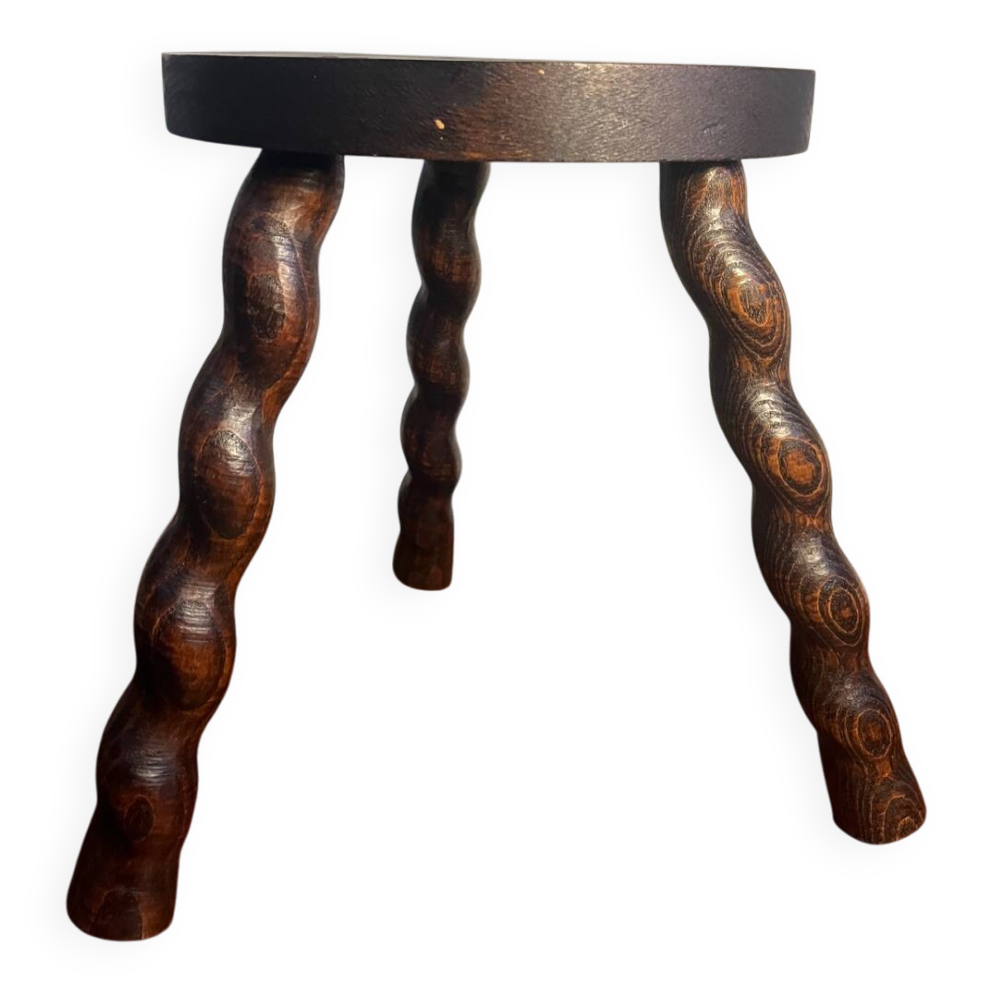 Round tripod stool with turned wooden legs
