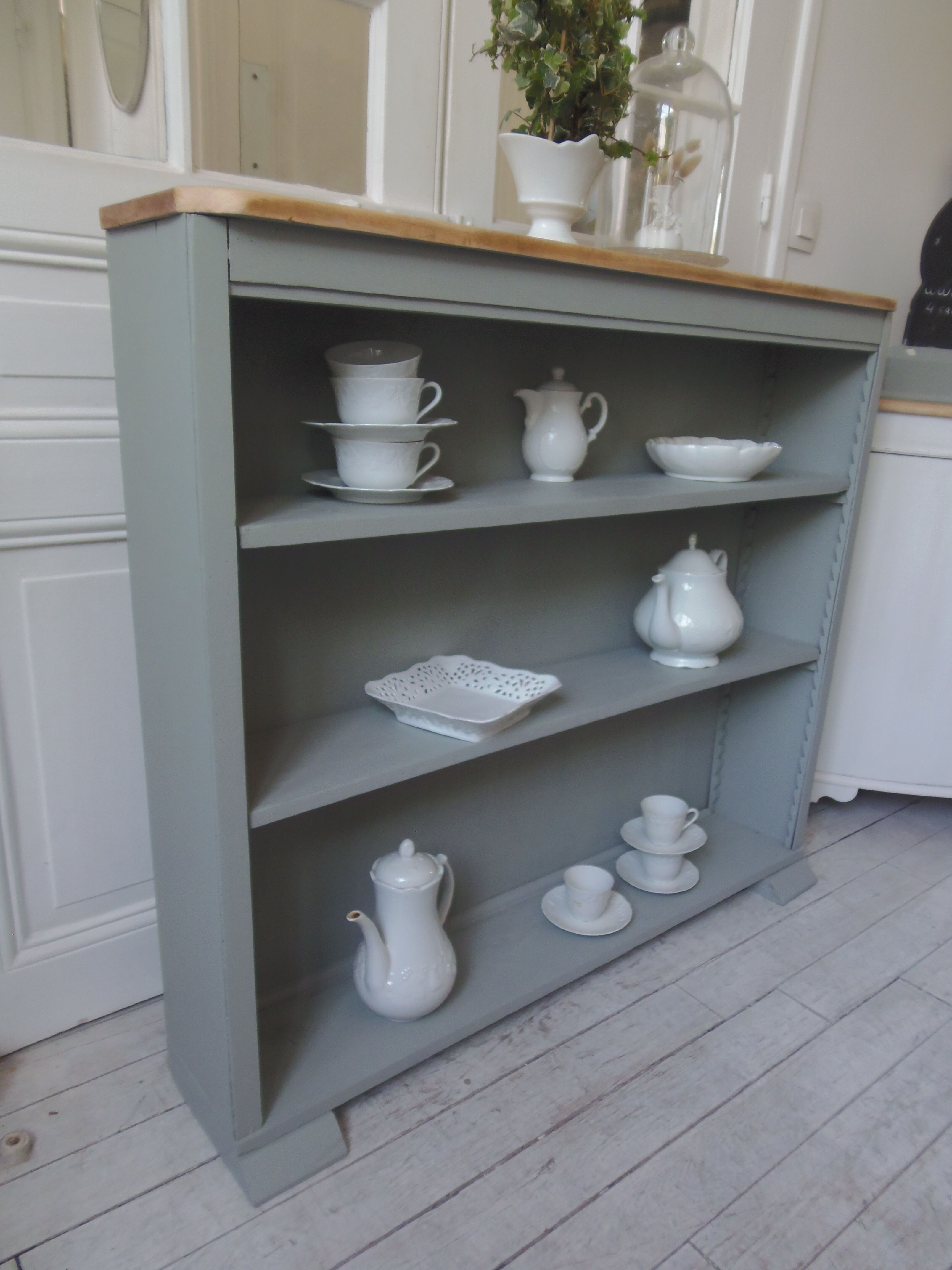 Vintage shallow bookcase, re-enchanted in gray green, wooden tray.