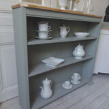 Vintage shallow bookcase, re-enchanted in gray green, wooden tray.