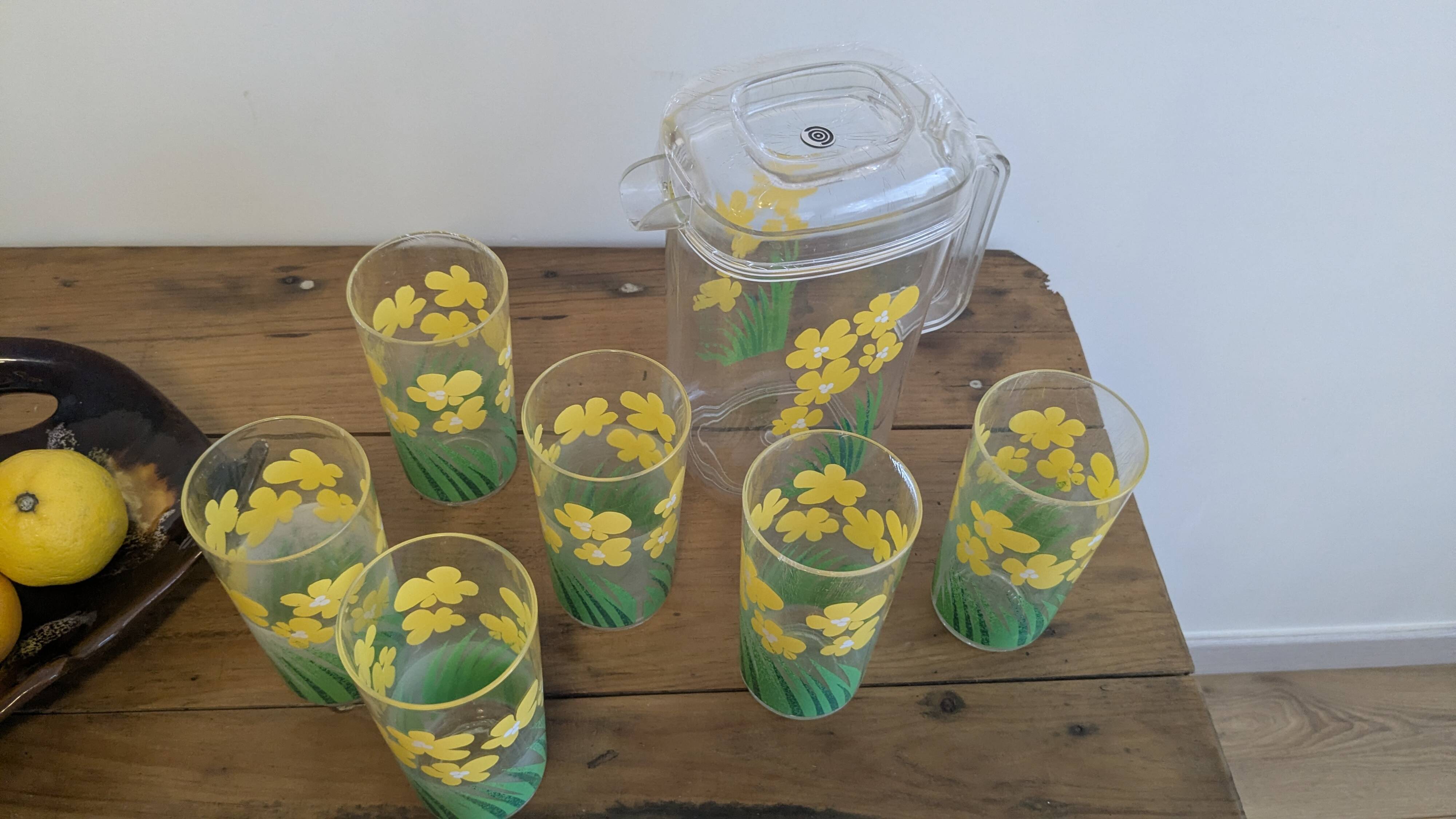 Vintage juice service Chameleon by Pierre Tardif for Neové – jug and 6 glasses