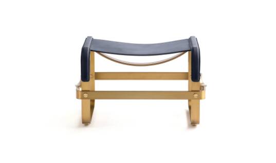 Footrest in Aged Brass and Navy Blue Leather, Contemporary Style
