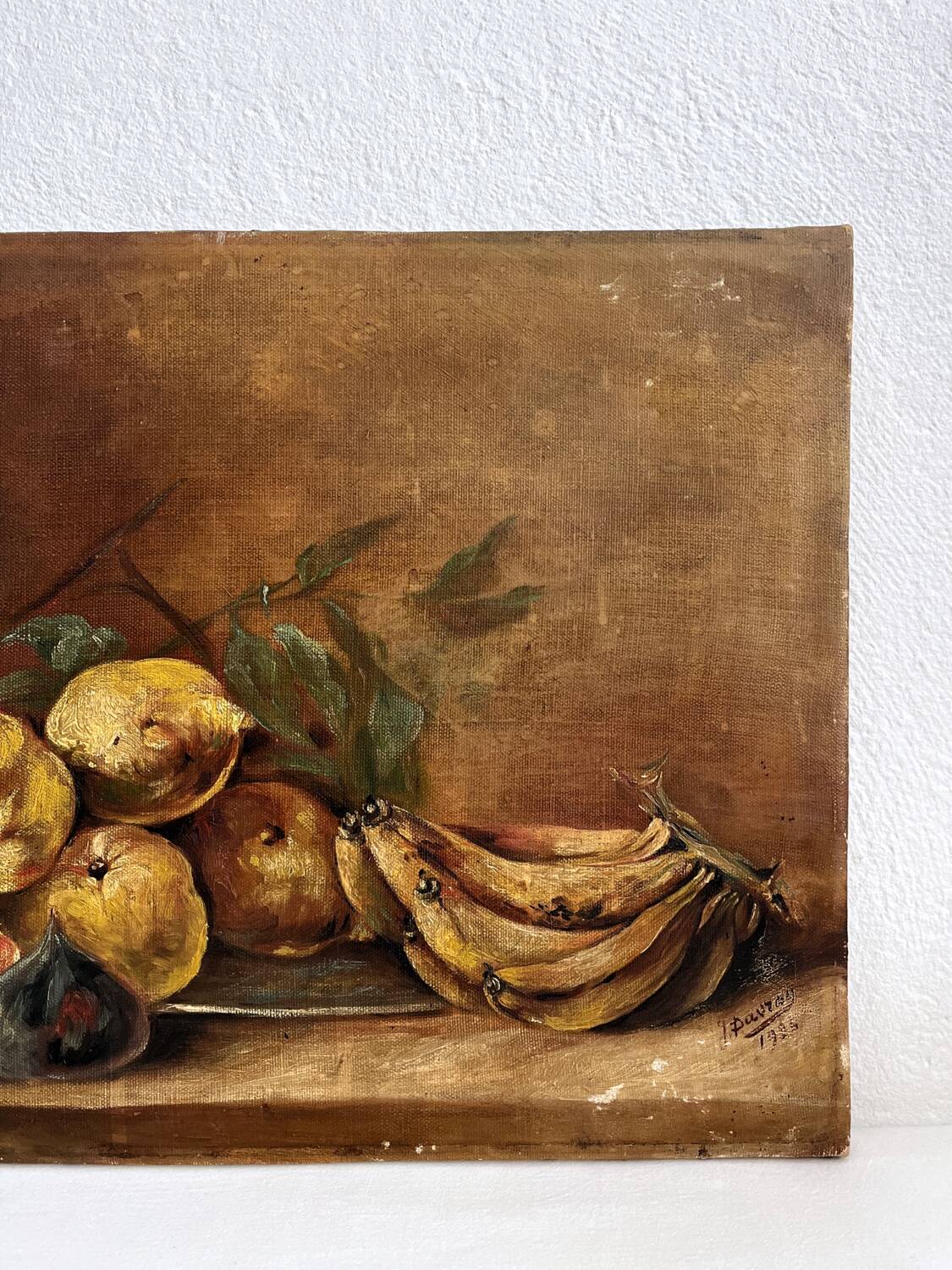 Old oil painting on canvas still life with exotic fruits