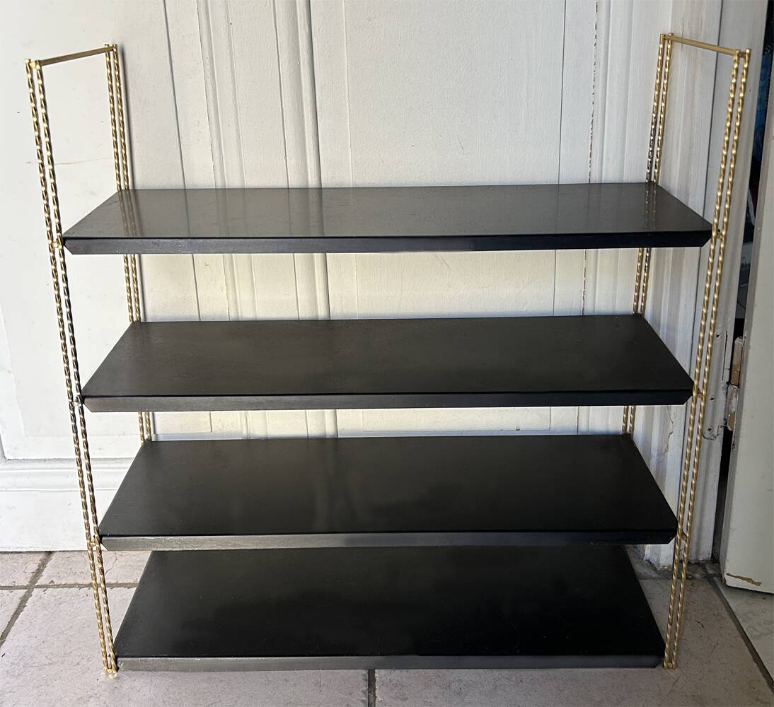 Double gold metal string shelves and black trays, vintage, 60s