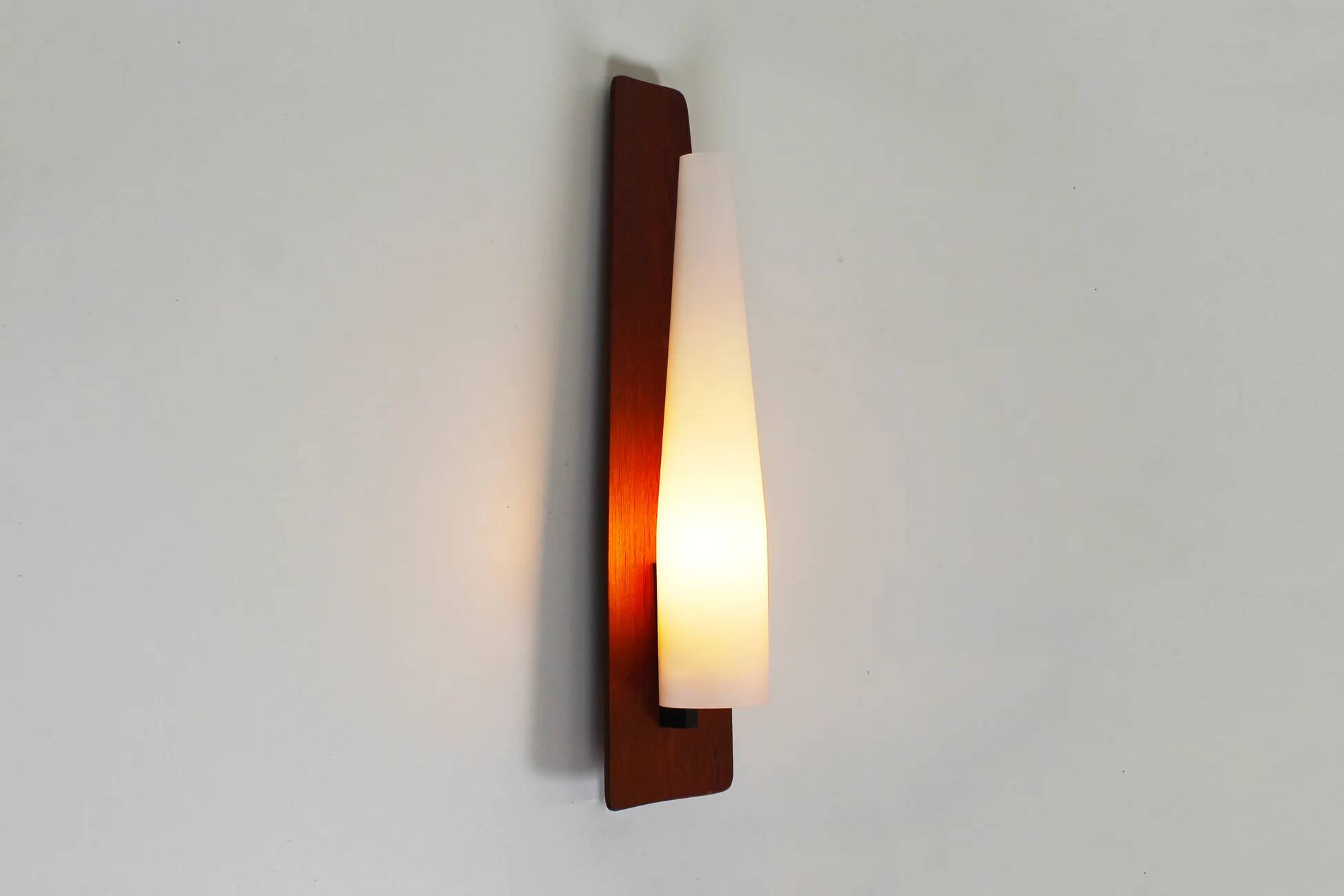 Rare set of wall lamps in teak and opaline glass by Kaiser Leuchten