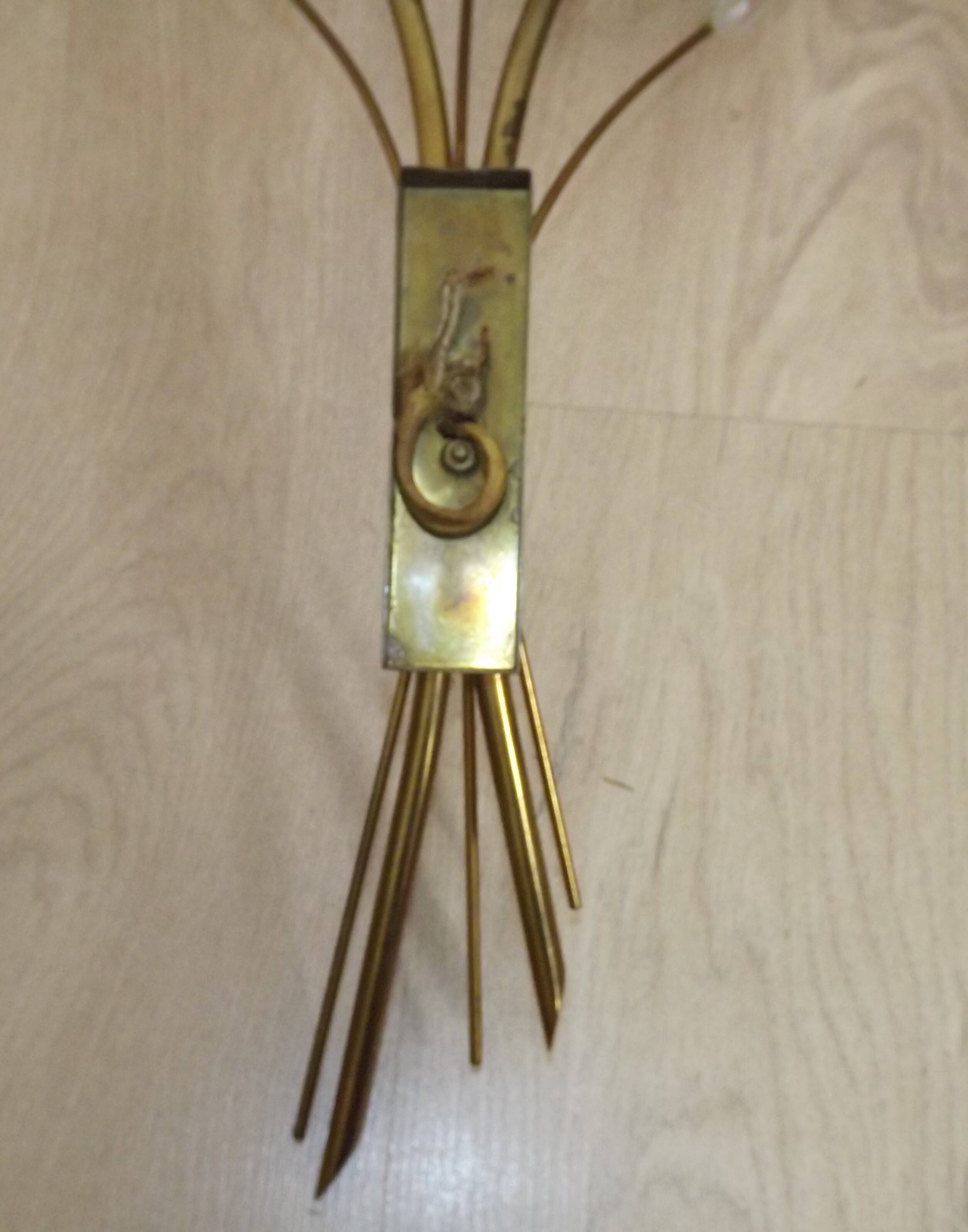 Mid-Century French Brass Sconces • Bullrush Design • Opaque Glass Shades