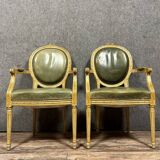 Pair of Louis XVI Cabriolet Armchairs with Medallion Backs in Limed Wood, 19th Century